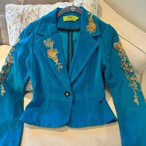 True Meaning Teal Blazer with Gold Embroidery